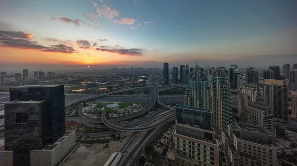 Salida Del Sol Sobre Puerto Deportivo Dubái Los Rascacielos Jlt — Foto de Stock