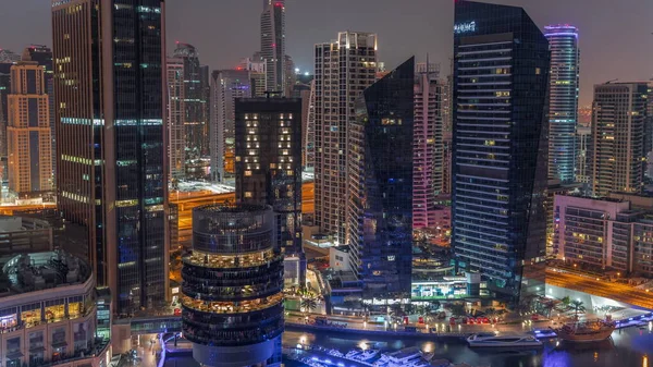 Dubai Marina Skyline Med Jlt Distrikt Skyskrapor Bakgrund Antenn Natt — Stockfoto