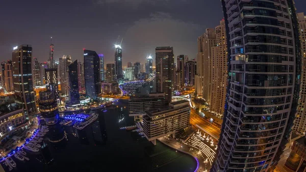 Vue Aérienne Port Plaisance Dubaï Illuminait Les Gratte Ciel Autour — Photo