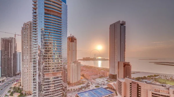 Panoramiczny Widok Zachód Słońca Dubai Marina Obszaru Jbr Słynny Ferris — Zdjęcie stockowe