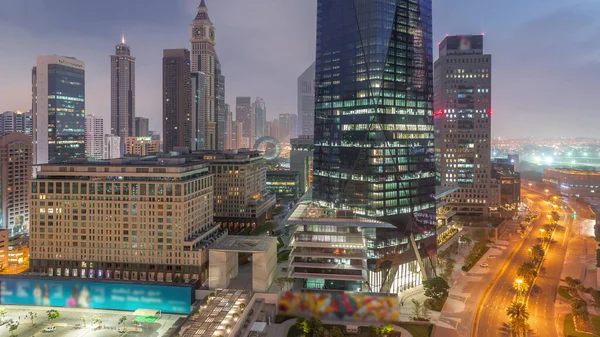 Dubai International Financial District Night Day Transition Timelapse Aerial View — Stock Photo, Image