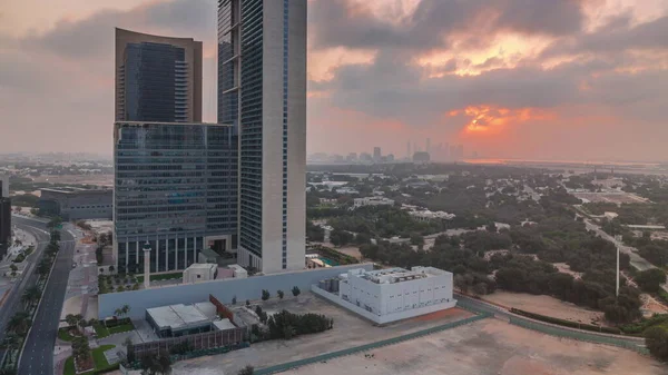 Nascer Sol Dubai Internacional Distrito Financeiro Transição Timelapse Vista Aérea — Fotografia de Stock