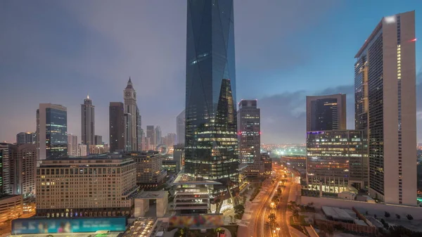 Dubai International Financial District Noite Dia Transição Timelapse Vista Aérea — Fotografia de Stock