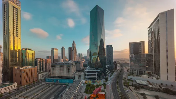 Dubai International Financial District Sunrise Aerial Timelapse Inglés Vista Panorámica —  Fotos de Stock