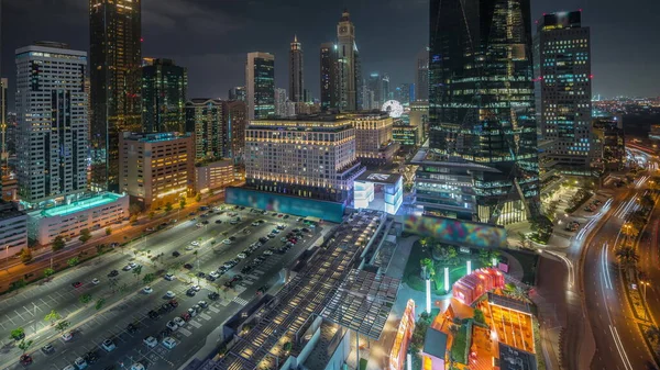 Panorama Visar Dubai International Financial District Natten Timelapse Flygfoto Över — Stockfoto