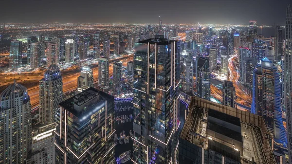 Panorama Visar Dubai Marina Med Jlt Och Jbr Distrikt Trafik — Stockfoto