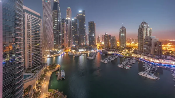 Dubai Marina Tallest Skyscrapers Yachts Harbor Aerial Night Day Transition — Stock Photo, Image