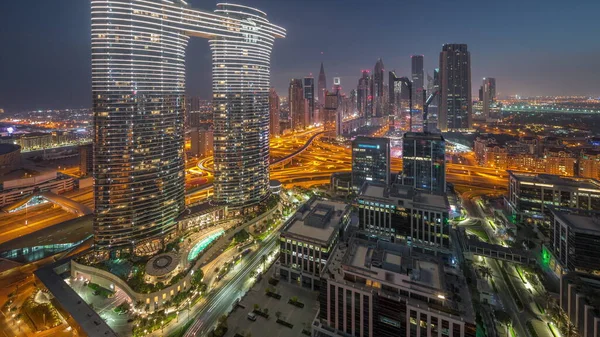 Futurystyczny Dubai Downtown Finansowej Dzielnicy Skyline Anteny Noc Dnia Przejścia — Zdjęcie stockowe