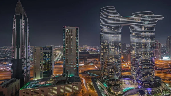 Panorama Ukazuje Futuristický Dubai Downtown Finanční Okres Panorama Letecké Noci — Stock fotografie