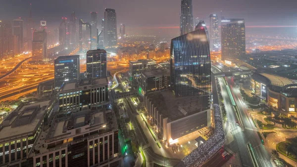Futuristic Dubai Downtown Finansial District Skyline Aerial Night Day Transition — Stockfoto