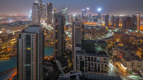 Luftpanoramabild Der Futuristischen Stadt Nacht Tag Übergang Zeitraffer Business Bay — Stockfoto
