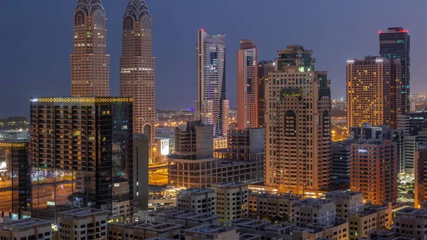 Skyscrapers Barsha Heights District Internet City Towers Aerial Night Day — Stock Photo, Image