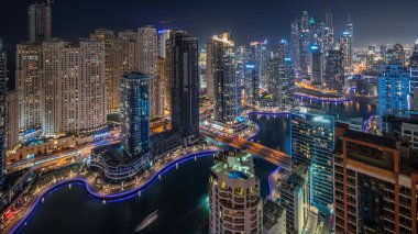 Panorama, Dubai Marina ve JDR bölgesindeki en yüksek ticari bloktaki gökdelenleri suni kanalla birlikte gösteriyor. Pek çok kule ve yat