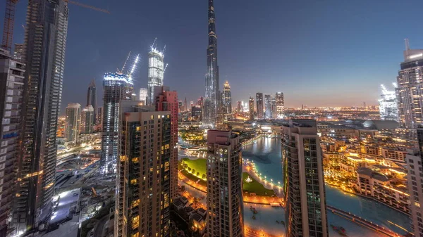 Dubai Downtown Cityscape Tallest Skyscrapers Aerial Night Day Transition Panoramic — Stock Photo, Image