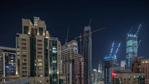 Panorama Dubai Şehir Merkezinin Aydınlatılmış Mimarisiyle Havadan Çekilmiş Gece Zaman — Stok fotoğraf