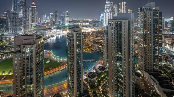 Panorama Showing Dubai Downtown Cityscape Tallest Skyscrapers Aerial Night Timelapse — Stock Photo, Image