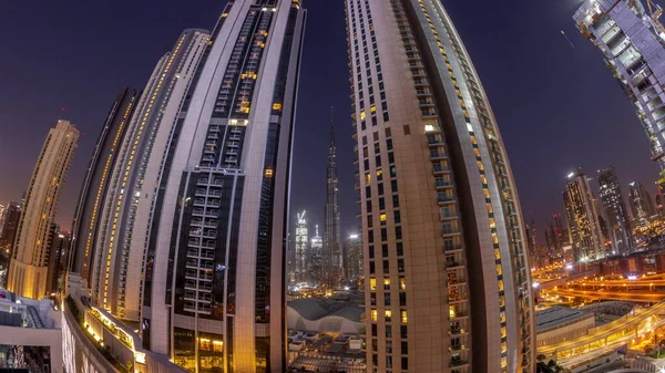 Panorama Tallest Skyscrapers Downtown Dubai Located Bouleward Street Shopping Mall — Stock Photo, Image