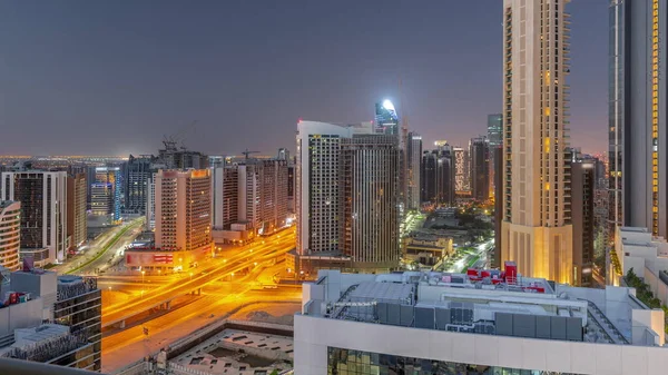 Skyscrapers Бізнес Бей Дубаї Повітряній Ночі Дня Переходу Timelapse Перетин — стокове фото