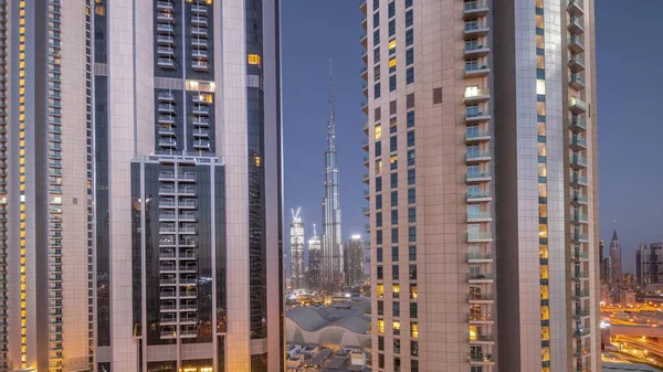 Tallest Skyscrapers Downtown Dubai Located Bouleward Street Shopping Mall Aerial — Stock Photo, Image