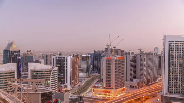 Ουρανοξύστες Στο Business Bay Στο Ντουμπάι Εναέρια Μέρα Νύχτα Μετάβαση — Φωτογραφία Αρχείου