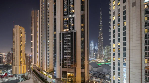 Panorama Ukazuje Nejvyšší Mrakodrapy Během Pozemské Hodiny Centru Dubaje Který — Stock fotografie