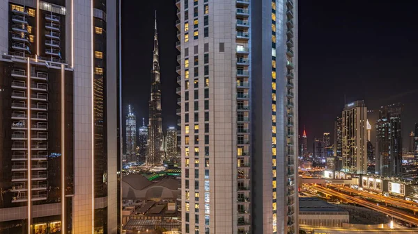 Panorama Ukazuje Nejvyšší Mrakodrapy Během Pozemské Hodiny Centru Dubaje Který — Stock fotografie