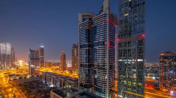 Letecký Pohled Dubaj Mezinárodní Finanční Čtvrti Mnoha Mrakodrapy Noc Den — Stock fotografie