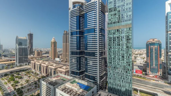 Panorama Leteckým Výhledem Dubaj Mezinárodní Finanční Čtvrti Mnoha Mrakodrapy Timelapse — Stock fotografie