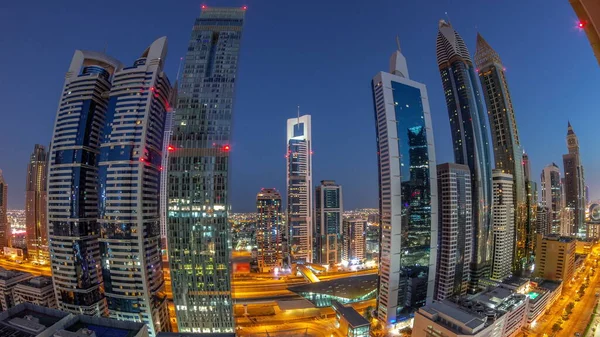 Panorama Dubai International Financial District Many Skyscrapers Night Day Transition — Stock Photo, Image