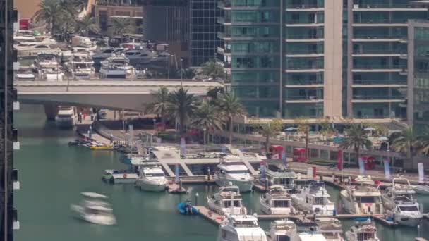 Many yachts and boats are parked in harbor aerial timelapse in Dubai Marina — Stock Video