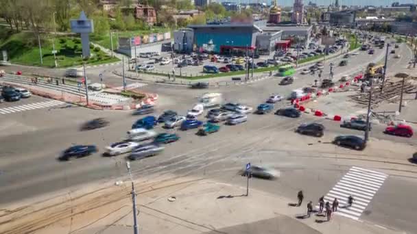 Repair works on the street aerial timelapse. Laying of new tram rails on a city street. — Stockvideo