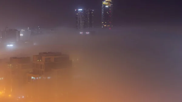 Buildings Covered Thick Layer Fog Business Bay Night Timelapse Illuminated — Stock Photo, Image