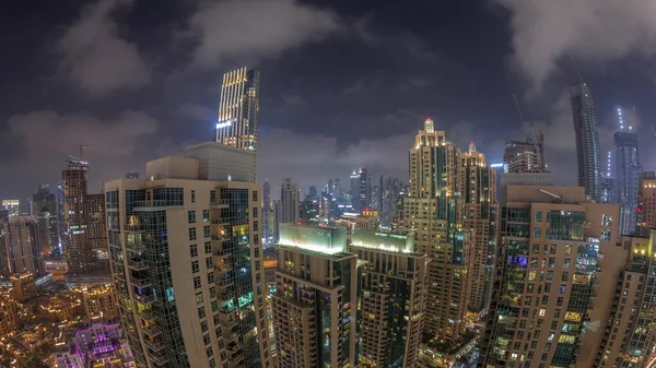 Skyscrapers Skyline Dubai Downtown Evening Aerial Night Timelapse Illuminated Towers — Stock Photo, Image
