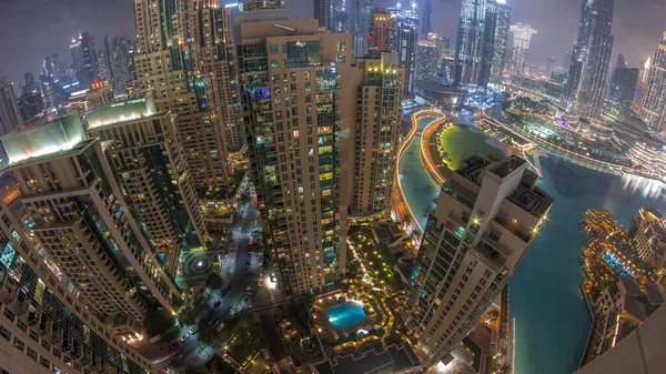 Skyscrapers Skyline Dubai Downtown Perto Fontes Horário Noturno Noite Aérea — Fotografia de Stock