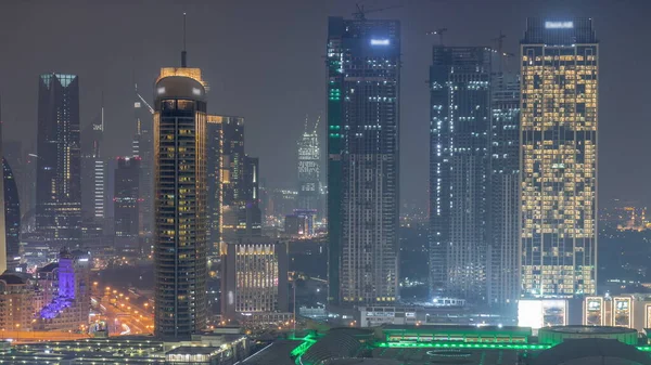 Vista Aérea Dubai International Financial Centre Difc Distrito Noite Timelapse — Fotografia de Stock