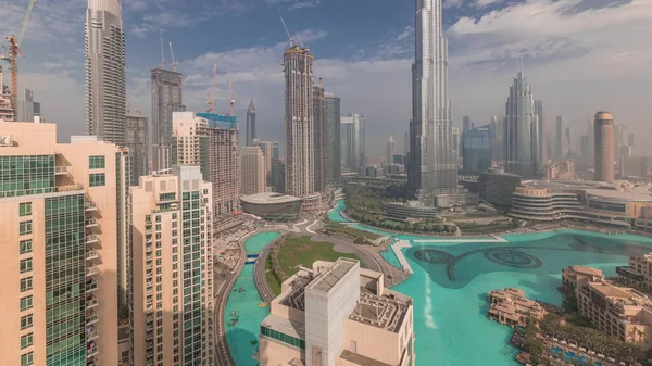 Widok Lotu Ptaka Dubaj Wczesnym Rankiem Timelapse Centrum Futurystyczna Panorama — Zdjęcie stockowe