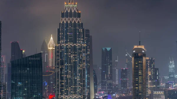 Вид Воздуха Дубайский Международный Финансовый Центр Difc Район Ночью Timelapse — стоковое фото