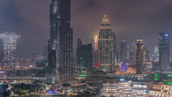 Vista Aérea Noite Cidade Dubai Timelapse Centro Cidade Skyline Cidade — Fotografia de Stock