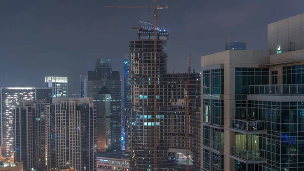 Dubai Skyscrapers Construction Site Business Bay District Night Timelapse Aerial — Stock Photo, Image