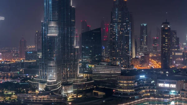 Vista Aérea Ciudad Dubai Durante Toda Noche Timelapse Centro Skyline — Foto de Stock