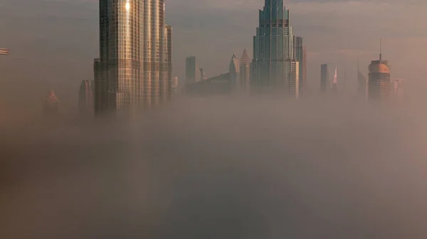 Aerial View Dubai City Early Morning Fog Timelapse Sunrise Futuristic — Stock Photo, Image