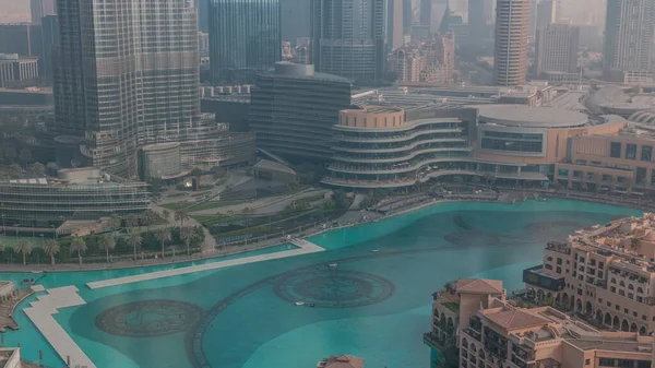 Dubai Fountain Aerial Timelapse Musical Fountain Located Artificial Lake Downtown — Stock Photo, Image