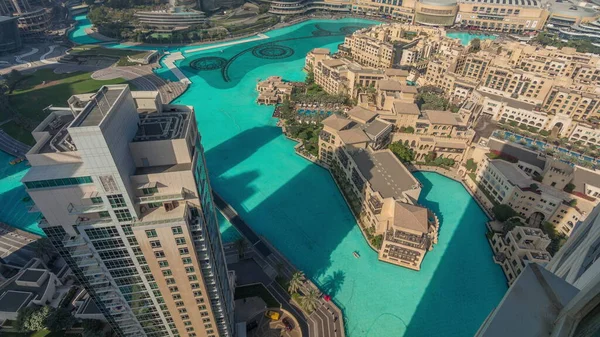 Lotniczy Timelapse Dubai Fountain Fontanna Muzyczna Znajduje Się Sztucznym Jeziorze — Zdjęcie stockowe