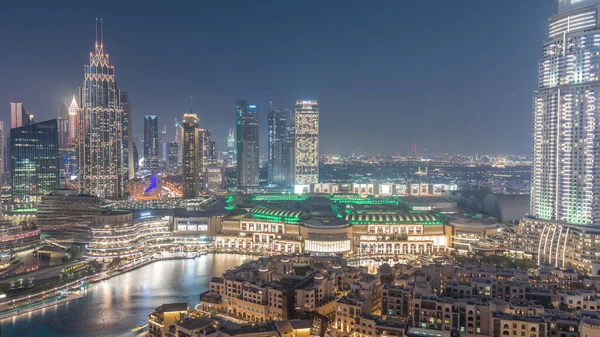 Letecký Pohled Dubaj Mezinárodní Finanční Centrum Okresní Den Noc Přechodový — Stock fotografie