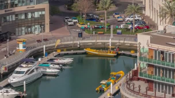 Waterfront promenade met palmen in Dubai Marina luchtfoto timelapse. — Stockvideo