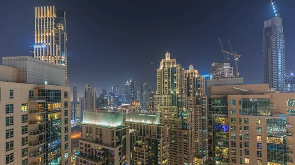 Dubai Wolkenkrabbers Met Verlichting Business Bay District Nacht Timelapse Luchtfoto — Stockfoto