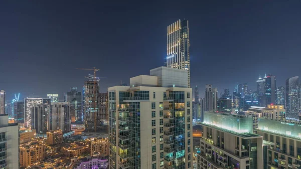 Дубайські Хмарочоси Освітленням Діловому Районі Вночі Таймелапс Вид Повітря Старого — стокове фото