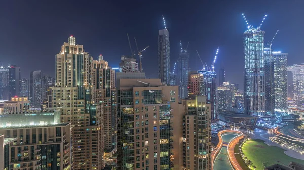 Panorama Centre Ville Dubaï Timelapse Nuit Aérienne Skyline Urbaine Baie — Photo