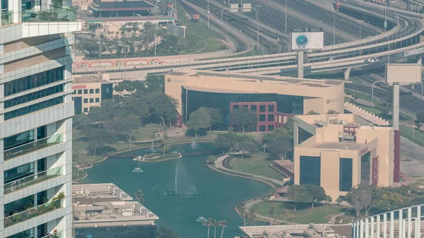 Dubai Internet City Gölü Nün Havadan Görünüşü Çeşme Binaların Zaman — Stok fotoğraf