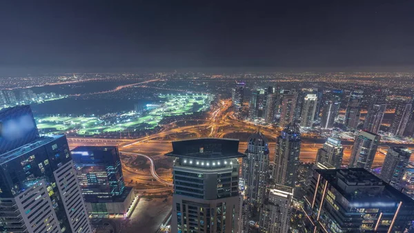 Panorama Dubai Marina Con Rascacielos Jlt Campo Golf Timelapse Noche — Foto de Stock